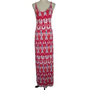 Tart Dress Women Medium Coral Pink Ikat Maxi Tank Jersey Knit Beach Resort